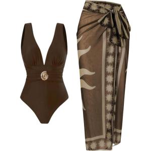 imageSOLY HUX Womens One Piece Swimsuit Deep V Neck Bathing Suit with Printed Beach Cover Up SkirtBrown Printed