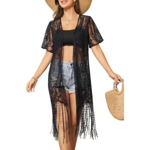 imageSOLY HUX Womens Plus Size Lace Fringe Trim Cover Up Short Sleeve Open Front Cardigans Kimono for swimwearPlain Black