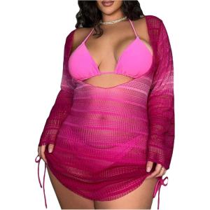 imageSOLY HUX Womens Plus Size Sheer Cover Up Dress Drawstring Side Long Sleeve Swimsuit Bathing SuitSolid Hotpink