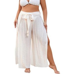 imageSOLY HUX Womens Plus Size Wide Leg Slit Cover Up Pants High Waisted Belted Flowy Beach Pants Solid White 1XL
