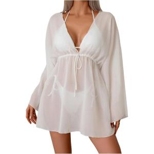 imageSOLY HUX Womens Swimsuit Cover Up Mesh Sheer V Neck Long Sleeve Kimono Summer Beach DressSolid White
