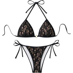imageSOLY HUX Bathing Suit for Women Floral Lace Halter Triangle Tie Side Swimsuit Two Piece Bikini SetsBlack Floral