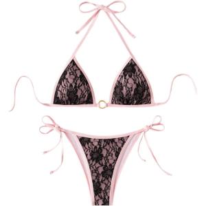 imageSOLY HUX Bathing Suit for Women Floral Lace Halter Triangle Tie Side Swimsuit Two Piece Bikini SetsPink Floral