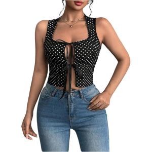 imageSOLY HUX Womens Polka Dots Tank Top Bow Sleeveless Shirts Tie Up Fitted Summer Crop VestBlack and White