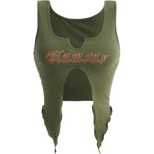 imageSOLY HUX Womens Y2K Sexy Tank Top Strapless Sleeveless Graphic Split Crop Tops VestArmy Green Letter