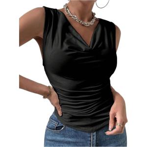 imageSOLY HUX Womens Cowl Neck Ruched Tank Tops Asymmetrical Sleeveless Summer Vest TopsPure Black