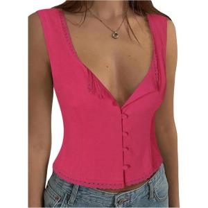 imageSOLY HUX Womens Lace Trim Button Down Tank Top Sexy Scoop Neck Fitted Vest Crop Tops Y2k Going Out ShirtsHot Pink
