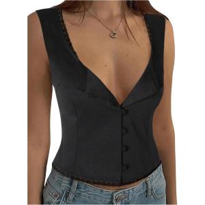 imageSOLY HUX Womens Lace Trim Button Down Tank Top Sexy Scoop Neck Fitted Vest Crop Tops Y2k Going Out ShirtsPlain Black