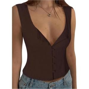 imageSOLY HUX Womens Lace Trim Button Down Tank Top Sexy Scoop Neck Fitted Vest Crop Tops Y2k Going Out ShirtsPlain Brown