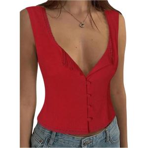 imageSOLY HUX Womens Lace Trim Button Down Tank Top Sexy Scoop Neck Fitted Vest Crop Tops Y2k Going Out ShirtsPlain Red