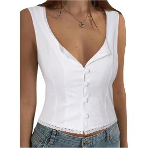 imageSOLY HUX Womens Lace Trim Button Down Tank Top Sexy Scoop Neck Fitted Vest Crop Tops Y2k Going Out ShirtsSolid White
