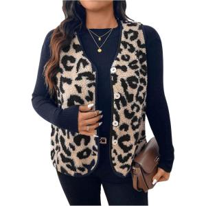 imageSOLY HUX Womens Plus Size Faux Fur Leopard Print V Neck Sleeveless Button Front Vest JacketMulticoloured Leopard