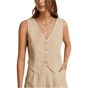 imageSOLY HUX Womens Vest V Neck Tank Tops Sleeveless Button Casual Blazer WaistcoatsSolid Khaki