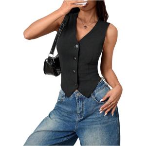 imageSOLY HUX Womens Blazer Vest Button Front V Neck Sleeveless Asymmetrical Hem Tank TopsSolid Black