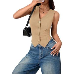 imageSOLY HUX Womens Blazer Vest Button Front V Neck Sleeveless Asymmetrical Hem Tank TopsSolid Khaki