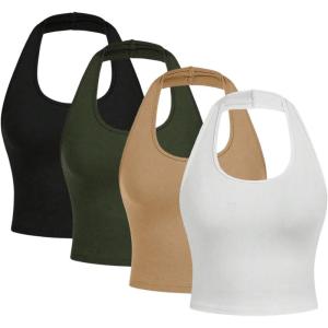 imageSOLY HUX Womens Halter Tops 4 Pack Scoop Neck Basic Crop Top Backless Cropped Vest TopsBlack Green Khaki White