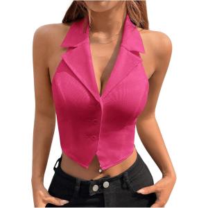 imageSOLY HUX Womens Halter V Neck Vest Button Down Backless Crop Tank Tops Sleeveless Blazer WaistcoatHot Pink