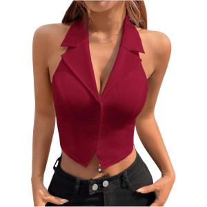 imageSOLY HUX Womens Halter V Neck Vest Button Down Backless Crop Tank Tops Sleeveless Blazer WaistcoatPlain Burgundy