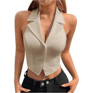 imageSOLY HUX Womens Halter V Neck Vest Button Down Backless Crop Tank Tops Sleeveless Blazer WaistcoatPlain Khaki