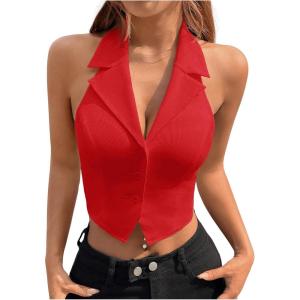 imageSOLY HUX Womens Halter V Neck Vest Button Down Backless Crop Tank Tops Sleeveless Blazer WaistcoatPlain Red