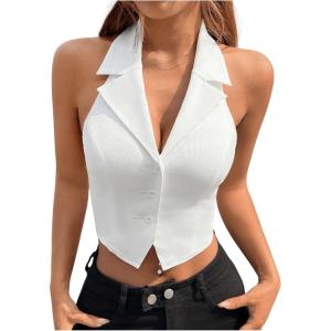 imageSOLY HUX Womens Halter V Neck Vest Button Down Backless Crop Tank Tops Sleeveless Blazer WaistcoatPlain White