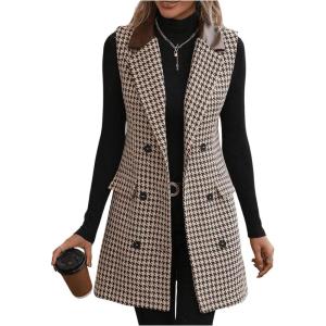 imageSOLY HUX Womens Houndstooth Print Blazer Button Down Long Vest Top Sleeveless Cardigan Jacket with PocketsBrown Houndstooth