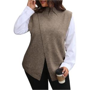 imageSOLY HUX Womens Plus Size Mock Turtleneck Sweater Vest Sleeveless Wrap Split Knitted Pullover Tank TopsDark Khaki