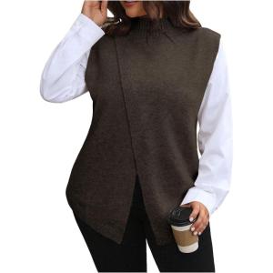 imageSOLY HUX Womens Plus Size Mock Turtleneck Sweater Vest Sleeveless Wrap Split Knitted Pullover Tank TopsPure Brown