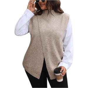 imageSOLY HUX Womens Plus Size Mock Turtleneck Sweater Vest Sleeveless Wrap Split Knitted Pullover Tank TopsPure Khaki