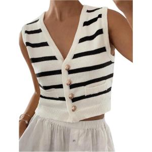 imageSOLY HUX Womens Striped Print Button Down Sweater Vest V Neck Sleeveless Knitted Tank TopsBlack and White