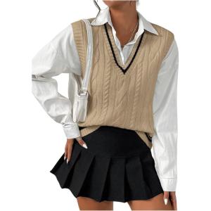imageSOLY HUX Womens Striped V Neck Sleeveless Sweater Vest Casual Knit Tank TopsKhaki Striped