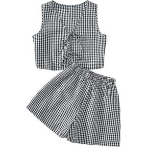 imageSOLY HUX Womens Summer 2 Piece Outfits Plaid Print Sleeveless Tie Front Tank Top Vest Shorts Beach Vacation SetBlack and White
