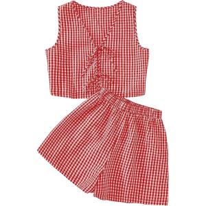 imageSOLY HUX Womens Summer 2 Piece Outfits Plaid Print Sleeveless Tie Front Tank Top Vest Shorts Beach Vacation SetRed and White