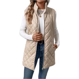 imageSOLY HUX Womens Zip Up Quilted Vest Jacket Mock Neck Sleeveless Pocket Warm Outerwear Padded CoatPlain Apricot