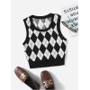 imageSOLY HUX Womens Sweater Vest Argyle Plaid Sleeveless Crew Neck Preppy Knitted Crop Tank TopBlack and White Argyle