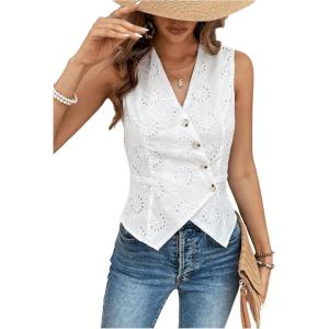 imageSOLY HUX Womens Button Down Blouse Vest Sleeveless V Neck Asymmetrical Elegant Office Tank TopPure White