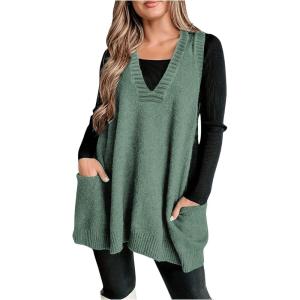 imageSOLY HUX Womens Plus Size Sweater Vest V Neck Sleeveless Loose Fit Knit Pullover Tank Tops with PocketsPure Dark Green
