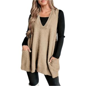 imageSOLY HUX Womens Plus Size Sweater Vest V Neck Sleeveless Loose Fit Knit Pullover Tank Tops with PocketsPure Khaki