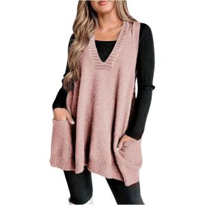 imageSOLY HUX Womens Plus Size Sweater Vest V Neck Sleeveless Loose Fit Knit Pullover Tank Tops with PocketsPure Light Pink