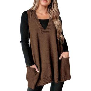 imageSOLY HUX Womens Plus Size Sweater Vest V Neck Sleeveless Loose Fit Knit Pullover Tank Tops with PocketsSolid Brown
