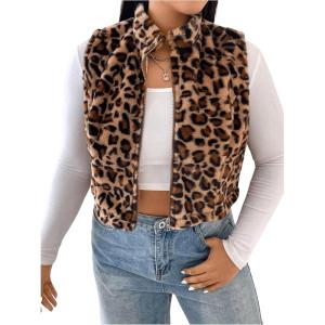 imageSOLY HUX Womens Plus Size Zip Up Fleece Outerwear Vest Leopard Sleeveless Sherpa Jacket TopsBrown Leopard