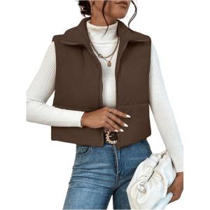 imageSOLY HUX Womens Puffer Vest Zip Up Sleeveless Lightweight Cropped Warm Outerwear Padded CoatPlain Brown