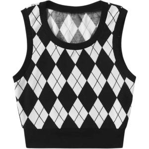 imageSOLY HUX Womens Sweater Vest Argyle Plaid Sleeveless Crew Neck Preppy Knitted Crop Tank TopBlack and White Argyle