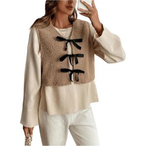 imageSOLY HUX Womens Y2k Bow Tie Front Fuzzy Cropped Vest V Neck Sleeveless Fleece Vest Jacket OuterwearPure Brown