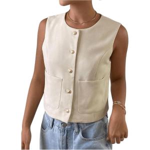 imageSOLY HUX Womens Button Down Crop Vest Waistcoat Vintage Sleeveless Crew Neck Jacket OuterwearPure Apricot