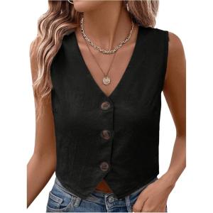 imageSOLY HUX Womens Button Down Sleeveless Vest V Neck Crop Tank Tops Business Work WaistcoatPlain Black