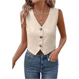 imageSOLY HUX Womens Button Down Sleeveless Vest V Neck Crop Tank Tops Business Work WaistcoatPlain Khaki