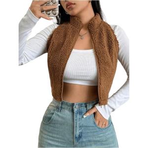 imageSOLY HUX Womens Fuzzy Cropped Vest Zip Up Mock Neck Sleeveless Sherpa Jacket Warm OuterwearPure Brown