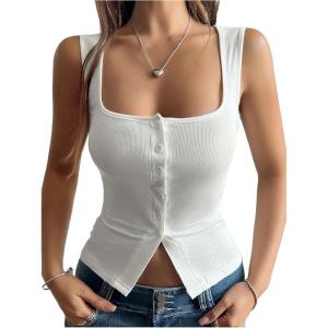 imageSOLY HUX Womens Ribbed Button Down Tank Tops Square Neck Sleeveless Summer Tight Vest ShirtsSolid White