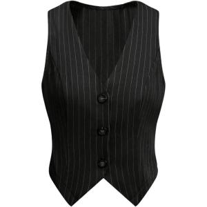 imageSOLY HUX Womens Striped V Neck Sleeveless Button Front Blazer Vest WaistcoatBlack Striped